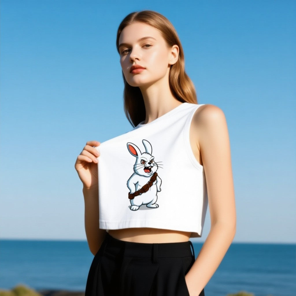 Chewbacca Bunny T-Shirt featuring a cartoon rabbit with a bandolier on a white crop top against a beach background.