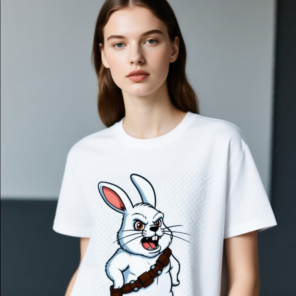 Chewbacca Bunny T-Shirt featuring a cartoon rabbit with a belt, displayed on a model against a neutral background.