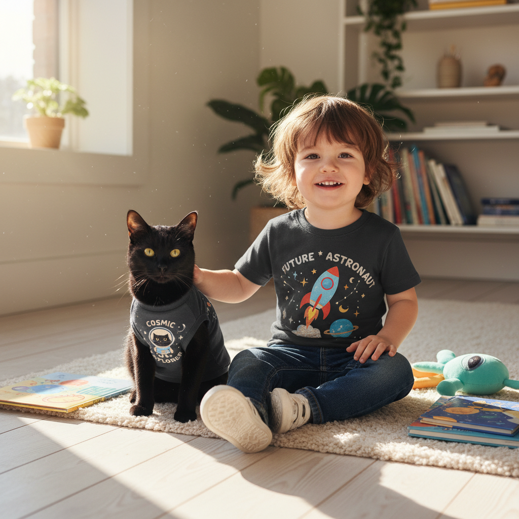 Kid and cat matching tees